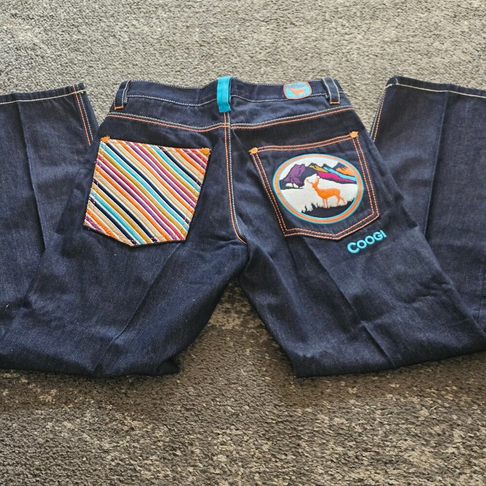 COOGI Dark Blue Jeans with Multicolor Striped Pocket & Turquoise Logo